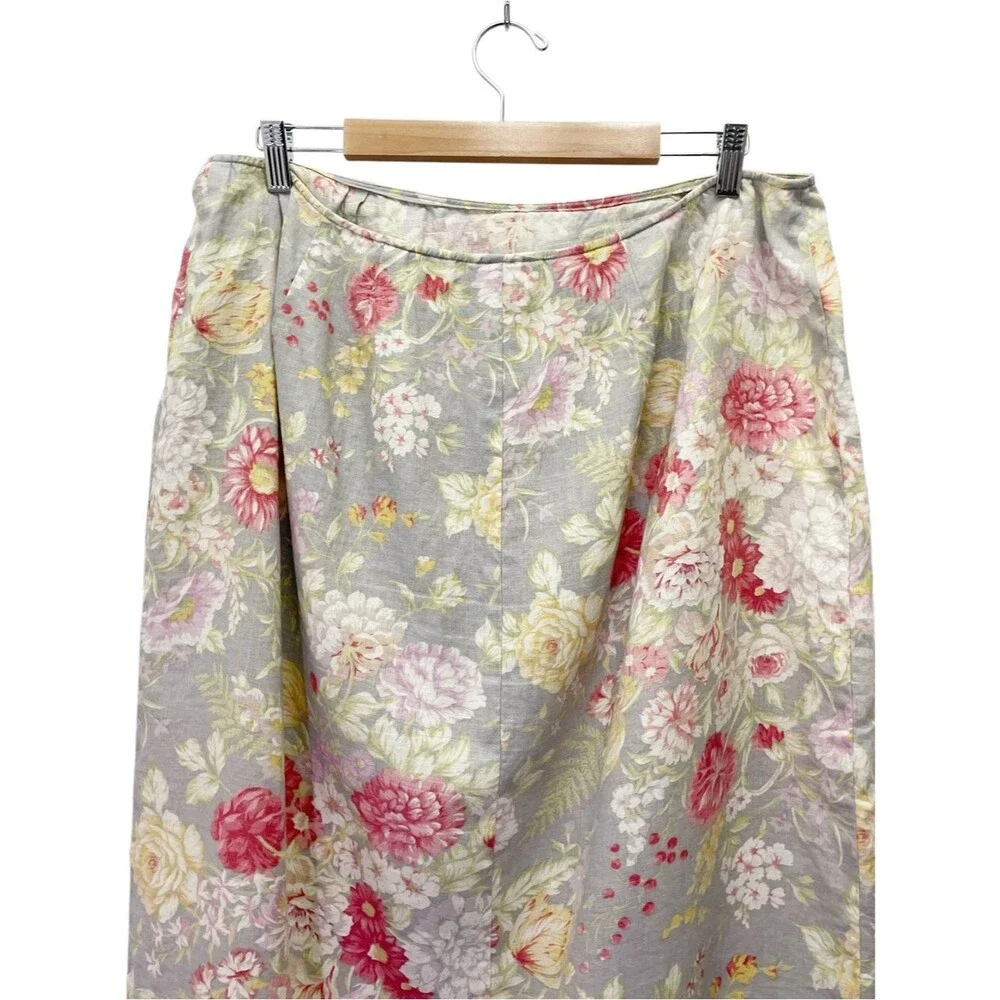 Vintage Lauren Ralph Lauren Floral Linen Wrap Skirt Gray Pink Yellow Sz 18W Midi